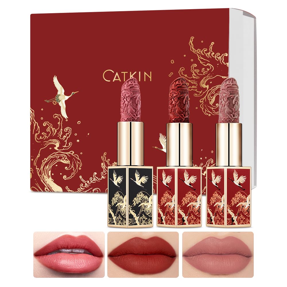 Catkin Carving Lipstick 3pcs Set Silky Smooth Moisture Long Lasting Highly Pigmented Waterproof for Lip Color Makeup 0.13 Ounce X 3 Gift for women