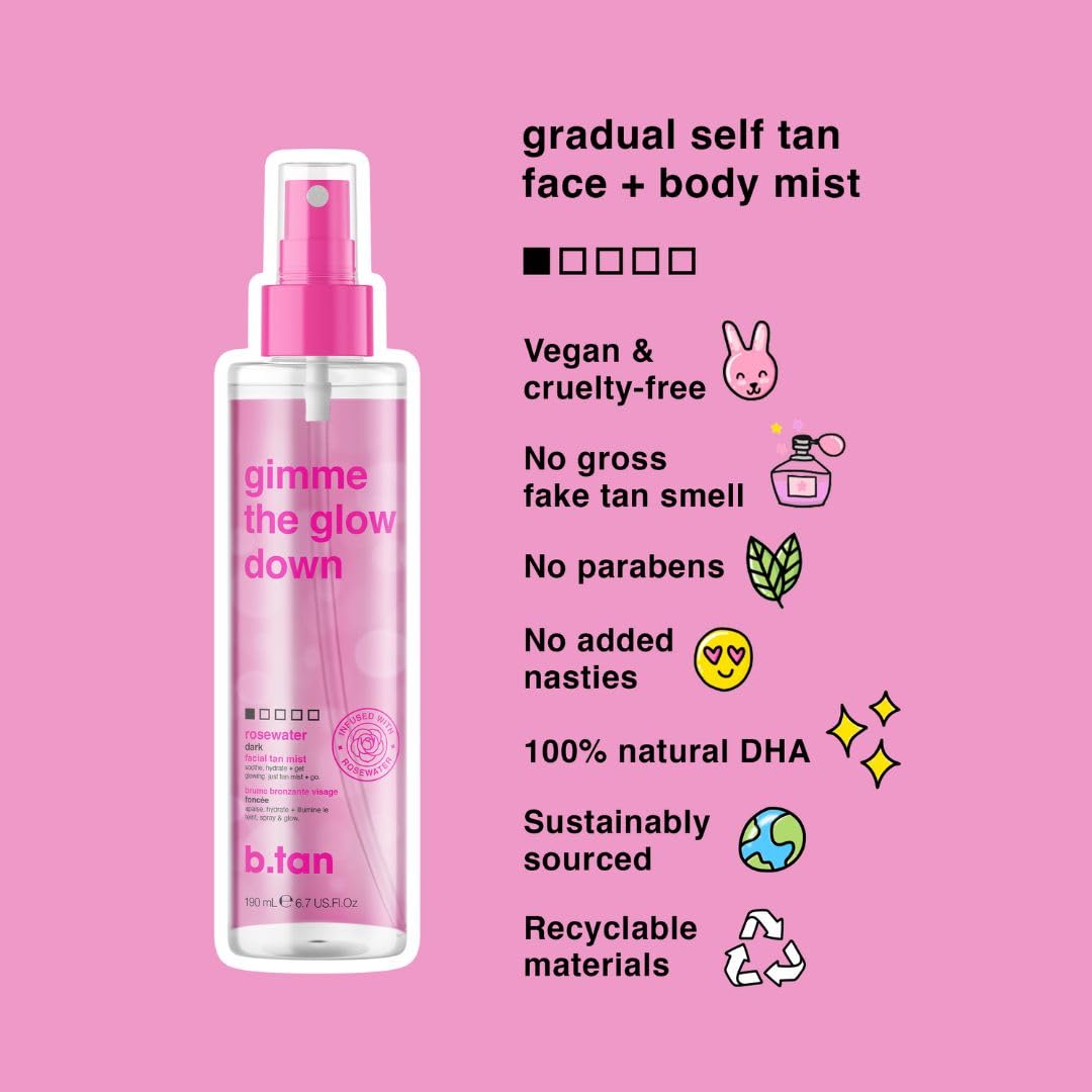 b.tan Clear Face Tan Mist | Gimme The Glow Down - Best Facial Tanner Spray, Gradual Bronzing Sunless Tanning Water, Infused with Rosewater, Vegan, Cruelty Free, 6.7 Fl Oz