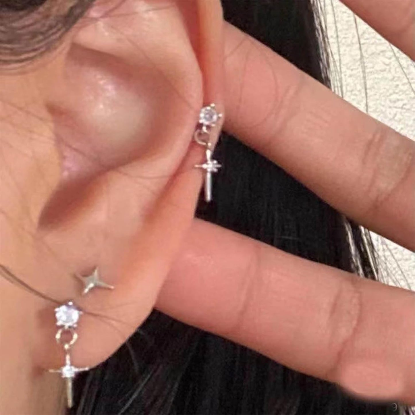 Punk Cross Star Dangle Drop Earrings Vintage Silver Hanging Rhinestone North Star Drop Earrings Minimalist Cross Star Dangle Huggie Small Hoop Earrings Jewelry for Women