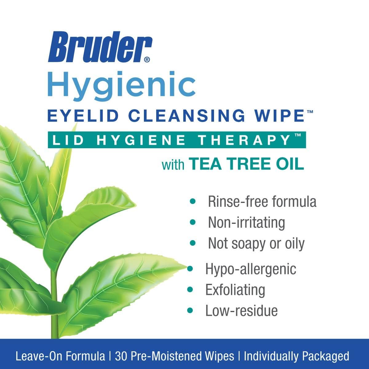 Hygienic Eyelid Cleansing Wipes with Tea Tree Oil l Relief from Demodex l Pre-Moistened, Rinse-Free Exfoliating Wipes Remove Excess Oil and Debris from Eyelids & Lashes l 30 Count Box (2 Pack)