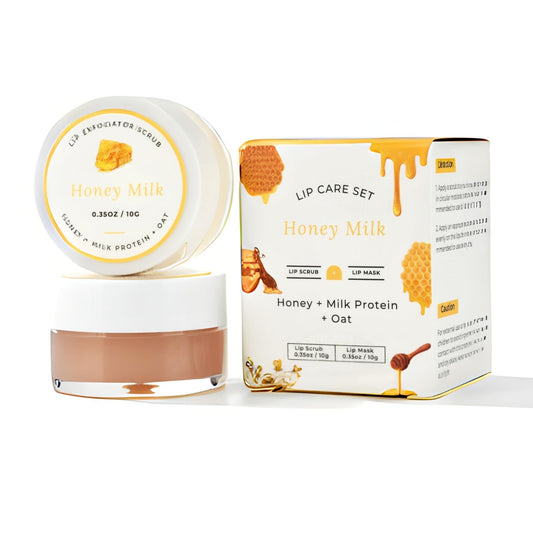 Lip Mask & Scrub Set(Honey + Milk Protein + Oat), Overnight Moisturizer for Cracked & Dry Lips Care, Hydrating Plumper Kit, Sugar Exfoliator Gift for Women