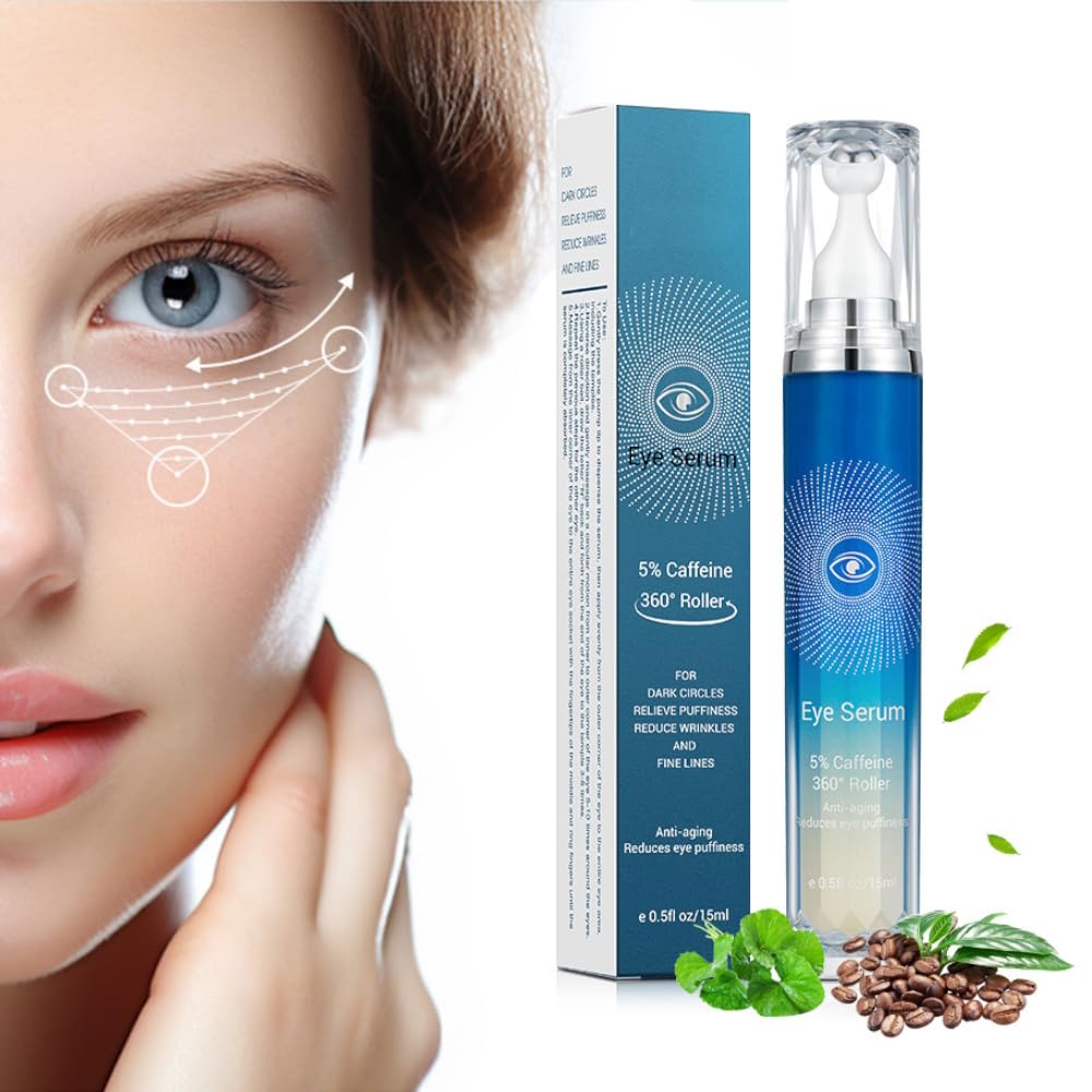 5% Caffeine Eye Serum, Under Eye Roller Cream for Dark Circles, Anti-aging Wrinkles And Firming, 360° Massage Ball Ice Roller For Fine Lines, Bags, Puffy Eyes, Eye Skin Care For Women Men (CAFFEINE)