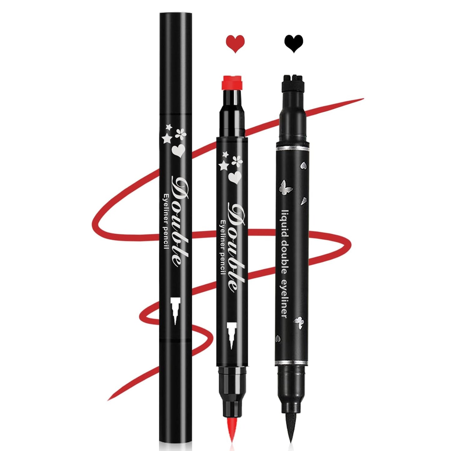 2PCS Double-headed Eyeliner Stamp Pencil Black and Red Liquid Winged Eyeliner Stamp Pen Waterproof Smudgeproof Eye Liner Stamp for Eye Makeup(Heart)
