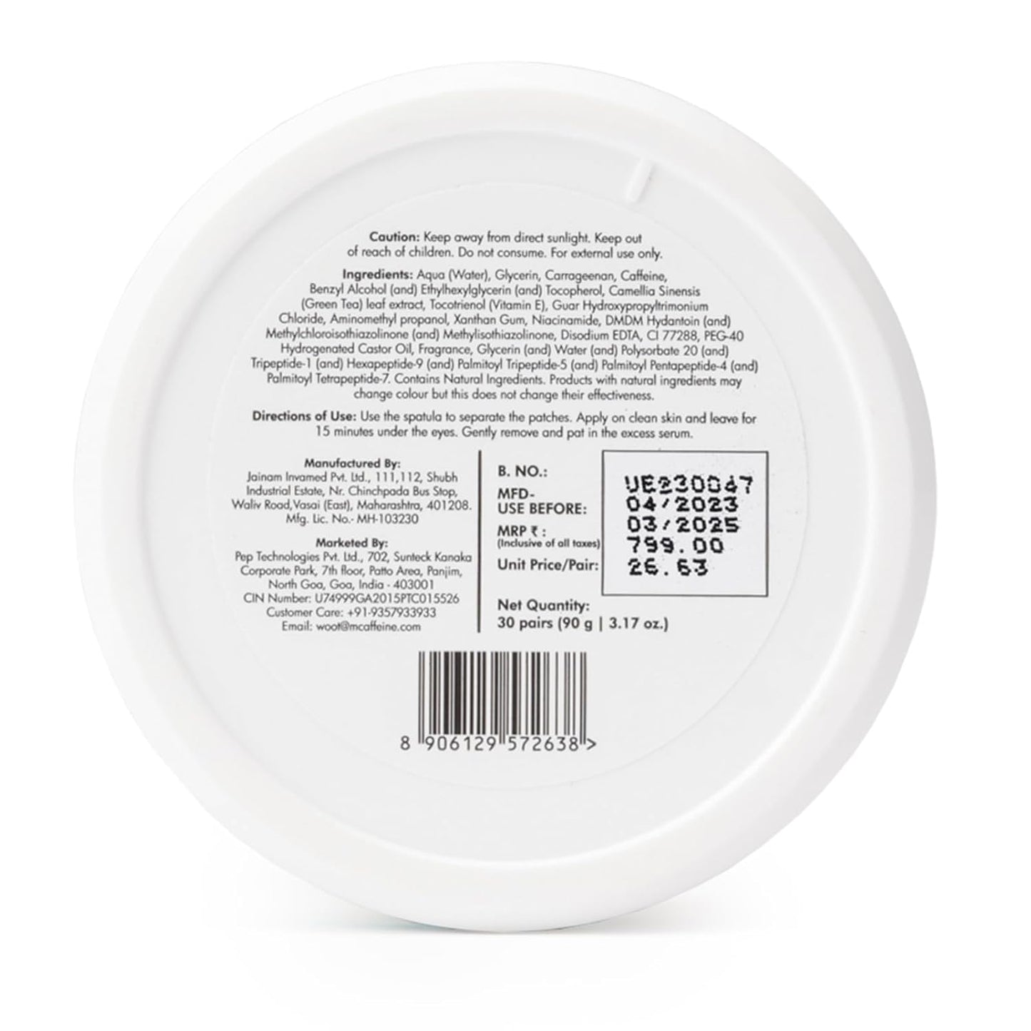 mCaffeine Green Tea Hydrogel Under Eye Patches for Dark Circle, Fine Lines & Wrinkles Reduction | Cooling Under Eye Patch Mask for Instant De-Puffing | 30 Pairs