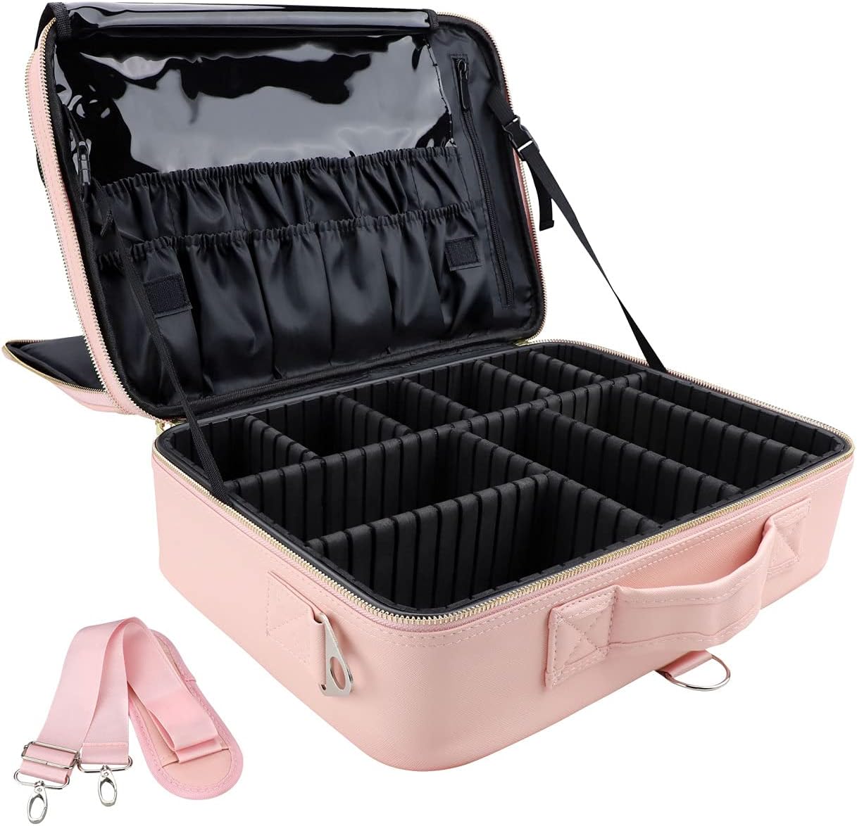 JOURMON Travel Makeup Case Portable Makeup Train Case Organizer Cosmetic Bag with Adjustable Dividers and Shoulder Strap for Makeup Brushes Toiletry Travel Accessories(Pink, L)