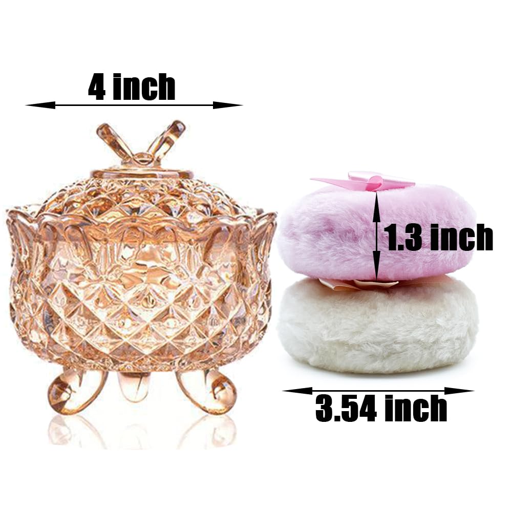 Luxury 4 Inch Glass Powder Container with 2 Soft 3.5" Puffs｜Non-Sealed Refillable puff Jar｜ Loose Powder Storage(Butterfly-Amberl)