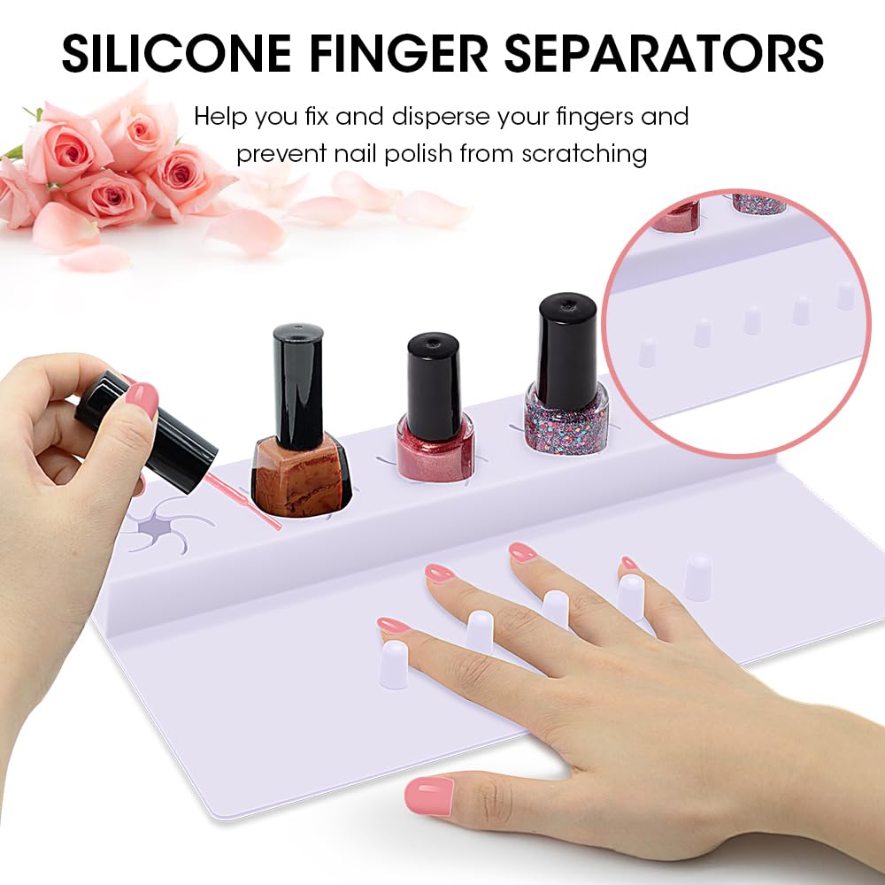 Nail Polish Holder, Silicone Hand Rest Mat Fingernail Painting Tools 2 in 1 Art Accessories Organizer Case Set with Anti-Spill Bottle Stand and Finger Separators for Pedicure Manicure-Purple