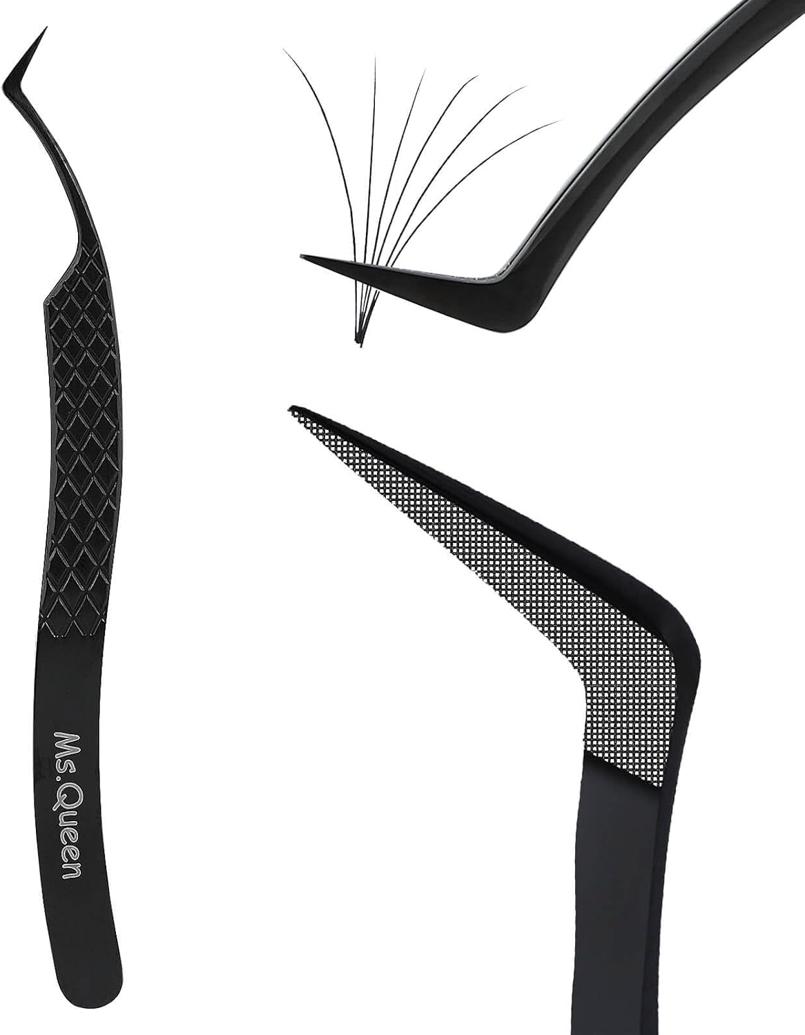 Ms.Queen Tweezers for Eyelash Extensions, Fiber Grip S-Curved Lash Tweezers for Inner Corner,Volume & Classic Lashes,Black