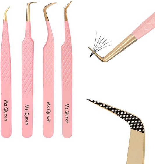 Ms.Queen Lash Tweezers Set,Professional 4Pcs 45 90 Degree Curved and Isolation Lash Tweezers for Eyelash Extensions