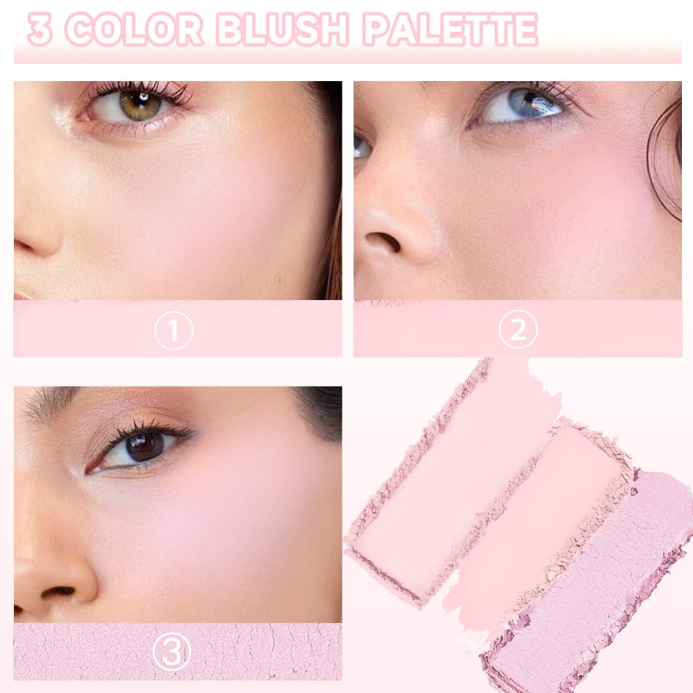 3 IN 1 Brown Nude Face Highlight Bronzer Powder Palette for Face Cheeks Contour Brightening, Buildable Matte Coverage Natural Makeup,Ultra Sculpt Nose Shadow Eyeshadow Primer-Pink