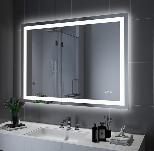 Amorho LED Bathroom Mirror 48"x 32" with Front and Backlight, Stepless Dimmable Wall Mirrors with Anti-Fog, Shatter-Proof, Memory, 3 Colors, Double LED Vanity Mirror