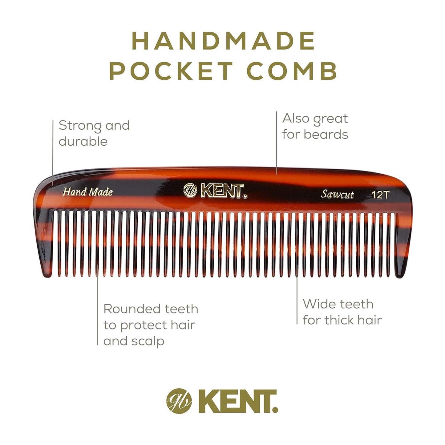 Kent 12T Wide Tooth Detangling Comb - Handmade Pocket Grooming Tool for Thick, Curly, Wavy Hair, Beards and Mustaches - SawCut and Hand Polished