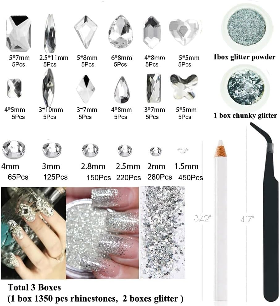 3 Boxes Silver Nail Rhinestones with Fine Glitters Kit, 60Pcs Big Assorted Silver Nail Gems with S6-S16 Flatback Round Stones,Crystals Nail Gem Stones for Faces Body DIY Crafts