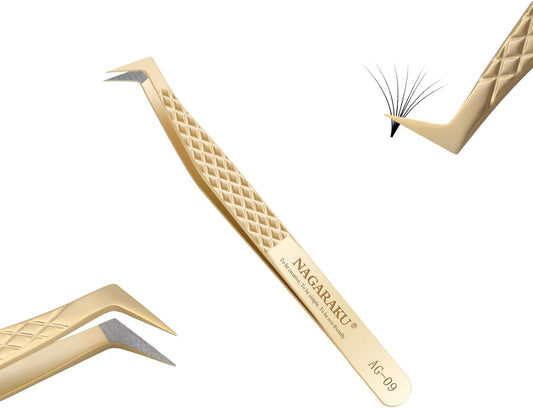 NAGARAKU Precision Fiber Tip Tweezer for Eyelash Extensions Diamond Grip Anti-Static Anti-Slip Premium Stainless Steel Pointed Volume Eyelashes Boot Tweezers Supplies with Box(L Typ Tweezers AG-09)