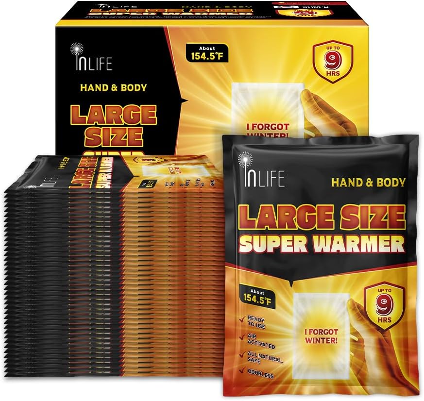 InLife Large Size Super Warmer for Hands and Body, All Natural & Safe, Bigger & Wider Area Covered, Higher Heating 145°F, Air Activated, Easy & Comfort, Steady Longer Lasting, Odorless, 40 Packs