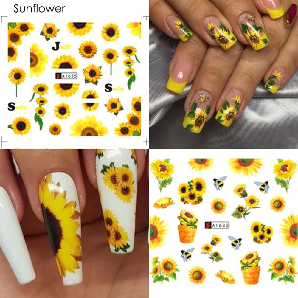 Sunflower Nail Stickers Decals Spring Summer Nail Art Water Transfer Floral Butterfly Honeybee Yellow Flower Supplies Cute Accessories for Women Girls 12Pcs