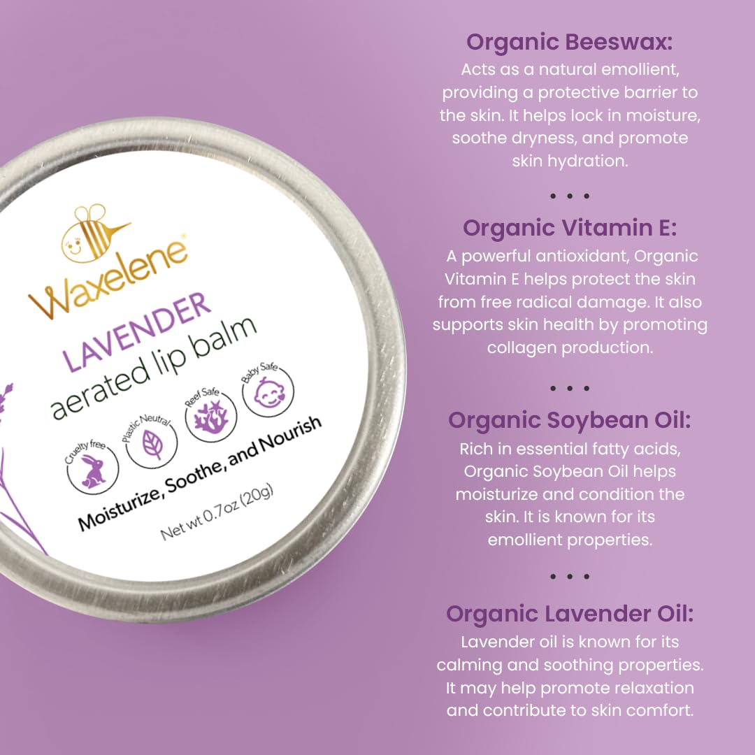 Waxelene Lavender Aerated Lip Balm Tin 4 Piece, Best Lip Balm Ever Organic Calming Multipurpose Ointment Baby Eczema Dry Skin Face Moisturizer