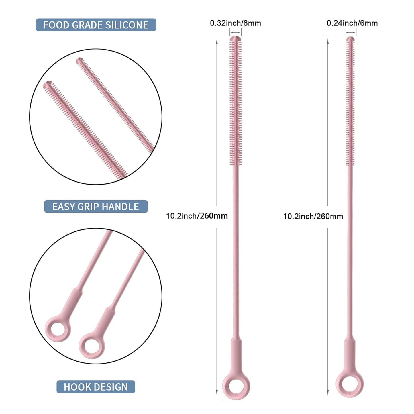 Reusable Silicone Straw Cleaner Brush Set, 2-Pack Extra Long Straw Cleaning Brush for Metal Glass Water Bottle Drinking Straws, Flexible&Bendable Design, Dishwasher Safe, 6mm & 8mm Diameter