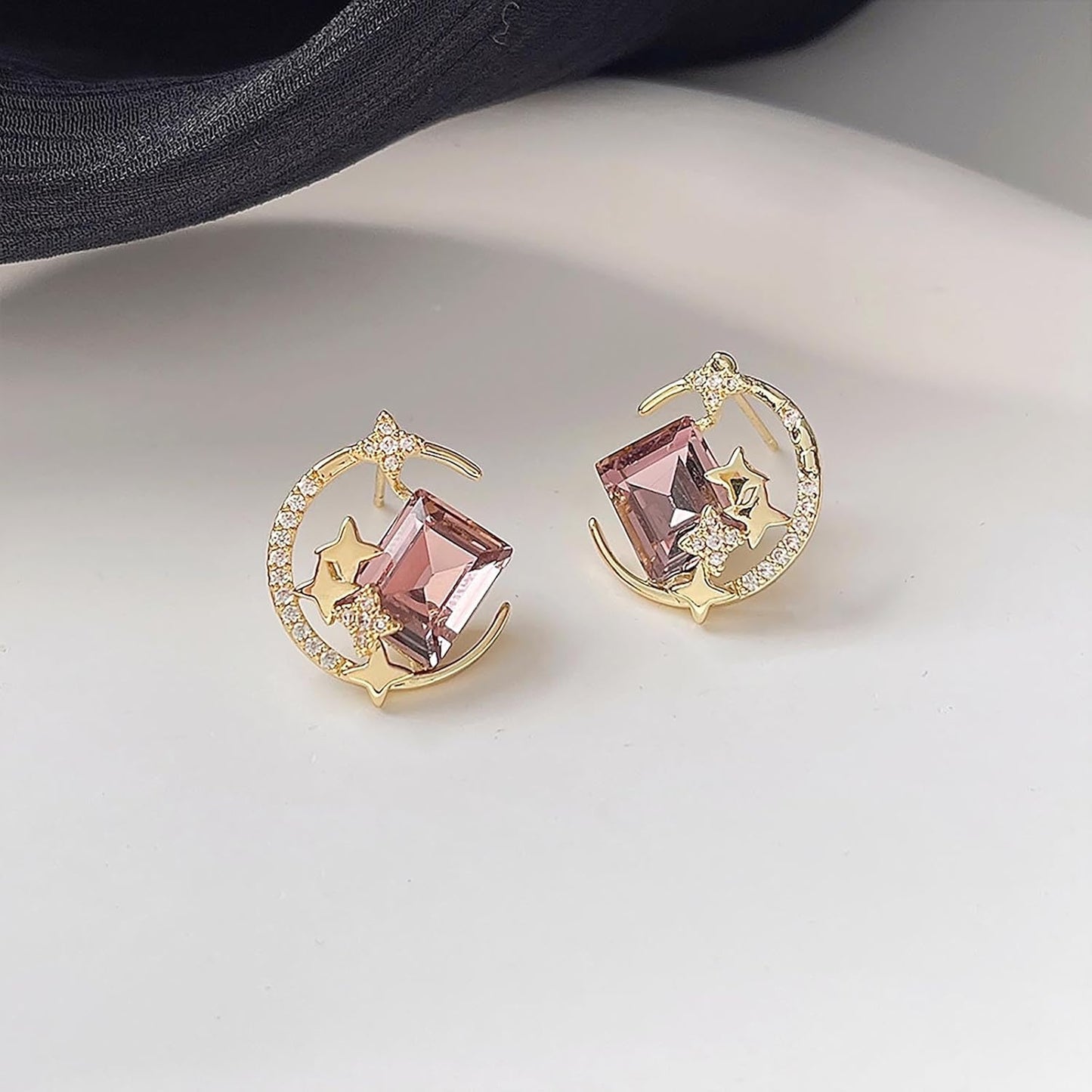 Vintage Purple Crystal Moon Earrings Amethyst Square Stud Earrings Rhinestone Crescent Earrings Gold Cz Star Stud Earrings Jewelry for Women