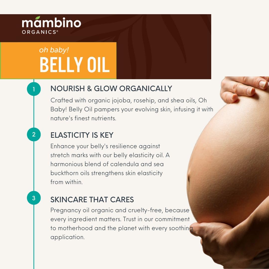 Mambino Organics Oh Baby! Belly Oil – Organic Elasticity Oil with Egyptian Calendula, Vietnamese Tamanu & Dutch Shea – Pregnancy Oil for Stretch Marks – Vegan Cruelty-Free Maternity Care, 2 fl oz