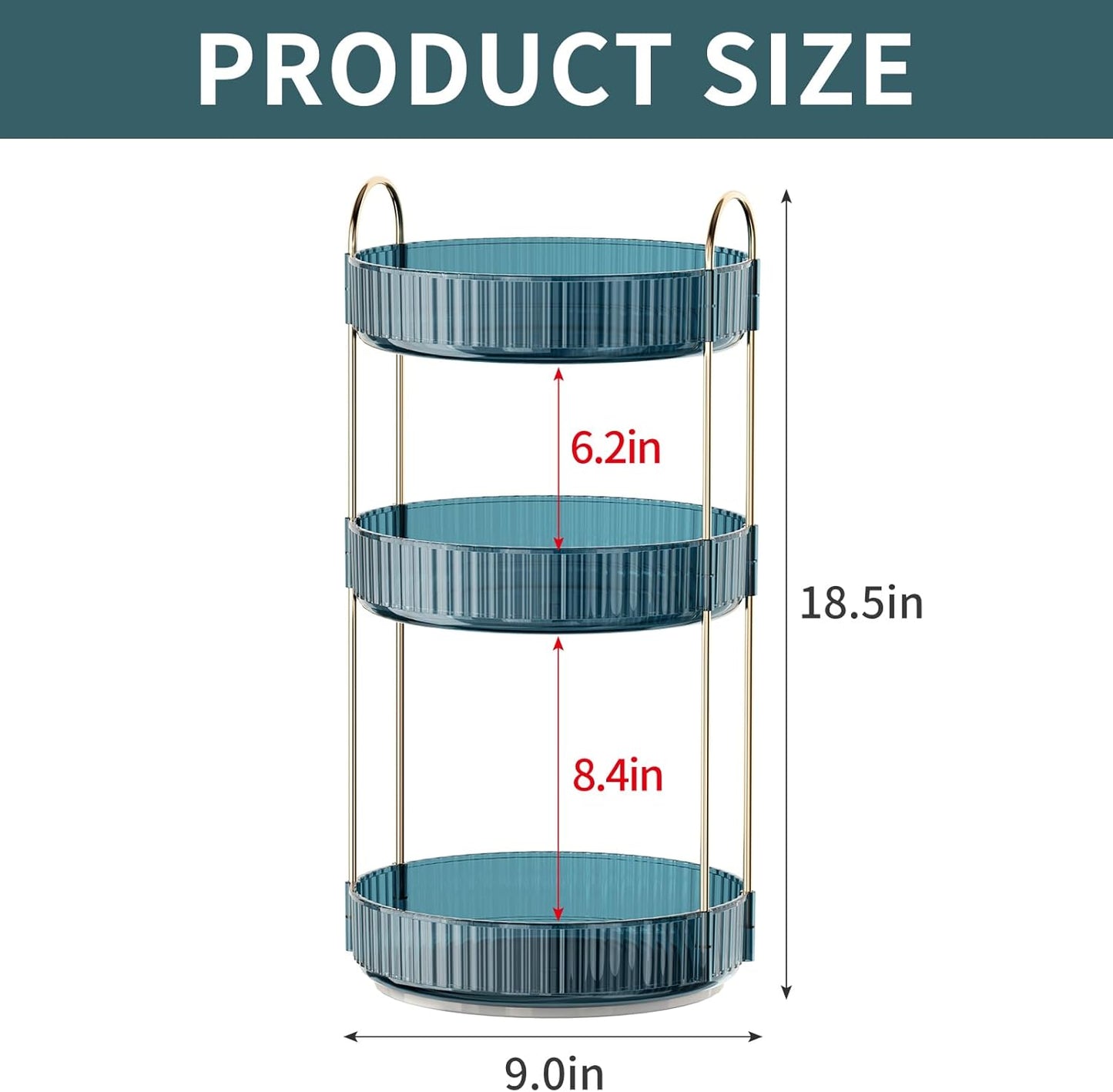 360° Rotating Makeup Organizer, Bathroom Organizers and Storage Holder Rack, Large Capacity Vanity Shelf Countertop, Fits Cosmetics, Perfume, Skin Care(Blue, 3 Tiers)