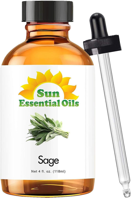 Sun Essential Oils – Sage Essential Oil 4 oz with Dropper for Diffuser, Skin, Aromatherapy Massage, Humidifier, Herbaceous Scent for Candle, Lotion & Soap Making, Room Fragrance