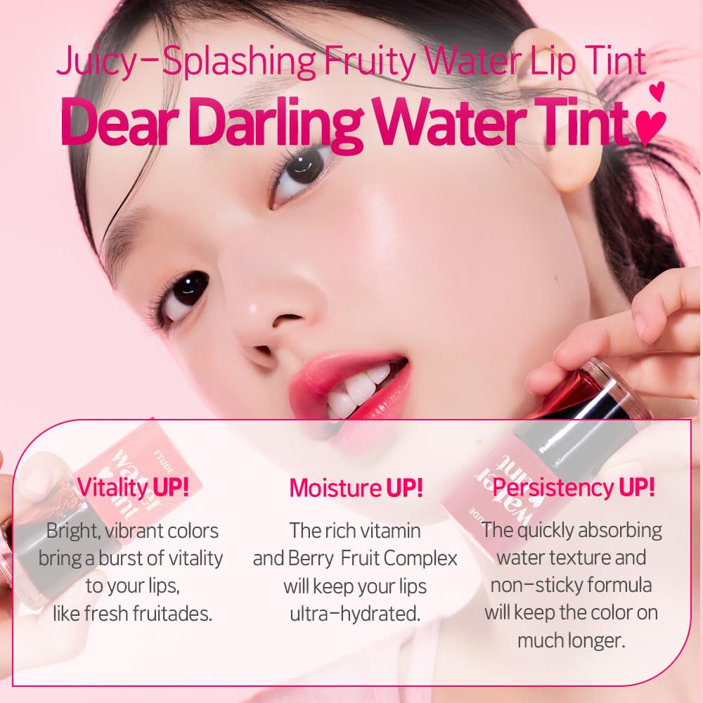 ETUDE Dear Darling Water Tint #4 Red Grapefruit Ade (9g) | Vivid Color Lip Stain with Moisturizing Weightless & Non-sticky Finish Lip Stain | Korean Makeup, Kbeauty