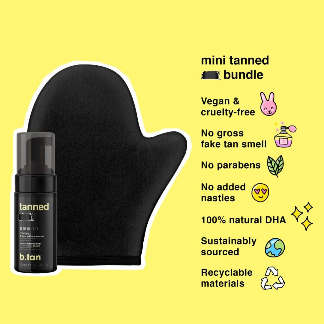 b.tan Dark Self Tanner Mini Kit | Get Tanned Travel Bundle - Mini Dark Self Tanner Mousse with Self Tanning Mitt Applicator, 1 Hour Sunless Tanner, Fast Self Tan, Vegan, Cruelty Free, 3 Fl Oz