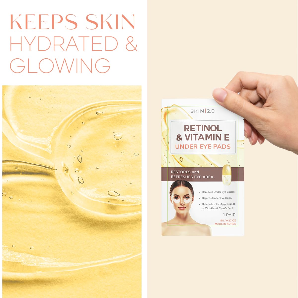 Retinol and Vitamin E Under Eye Patches - Reduce Wrinkles & Fine Lines, Dark Circles, Eye Bags, Depuffing Under Eye Pads - Cruelty Free Korean Skin Care For All Skin Types - 15 Pairs