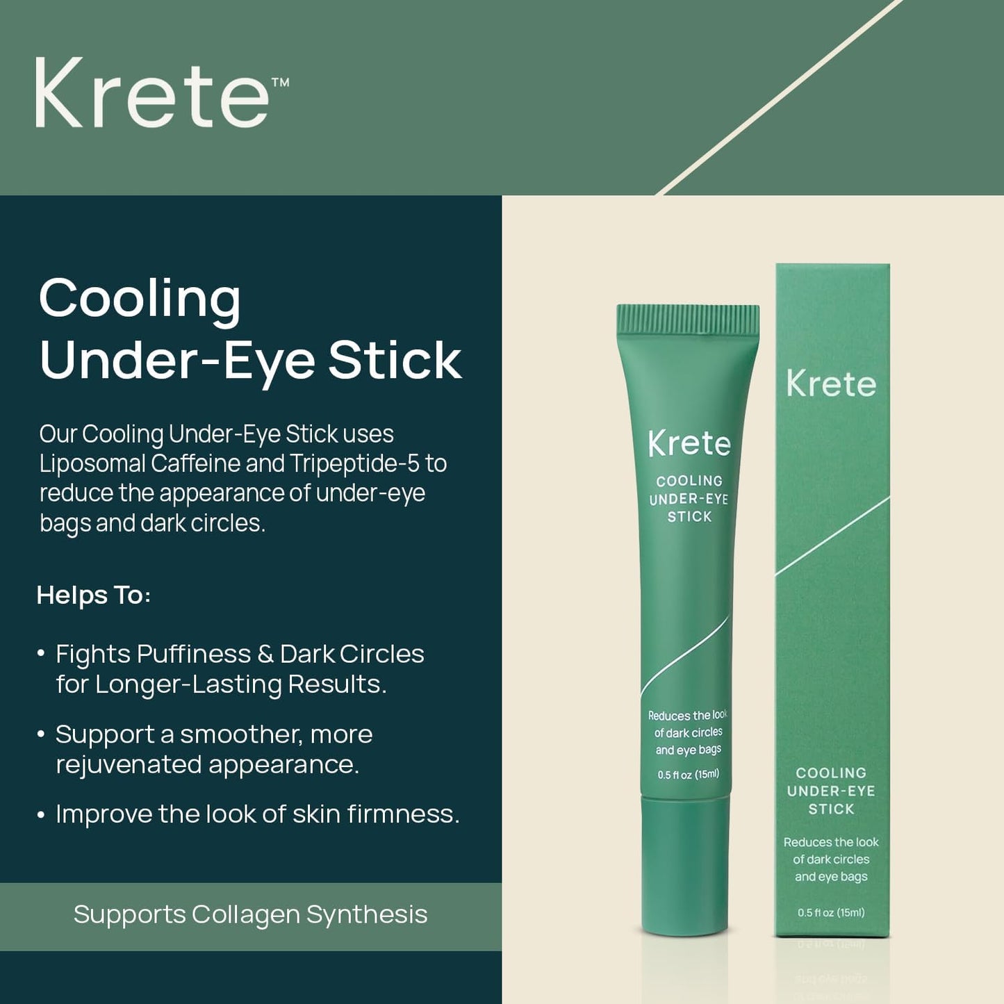 KRETE Cooling Under-Eye Stick with Liposomal Caffeine and Tripeptide-5 - Helps with Dark Circles and Puffiness, Vegan & Cruelty-Free, 15ml