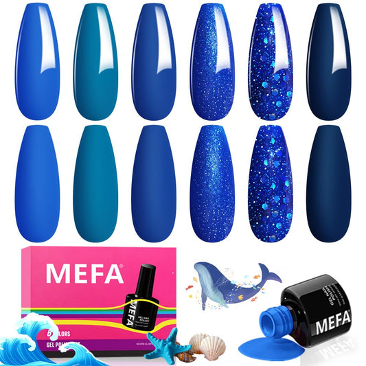 MEFA Blue Gel Nail Polish Set,6 Colors Midnight Navy Sapphire Blue Nail Polish Azure Glitter Dark Shades Starter Kit Soak Off Shimmer Gel Nail Art Design DIY Salon Manicure Holiday Gift for Women