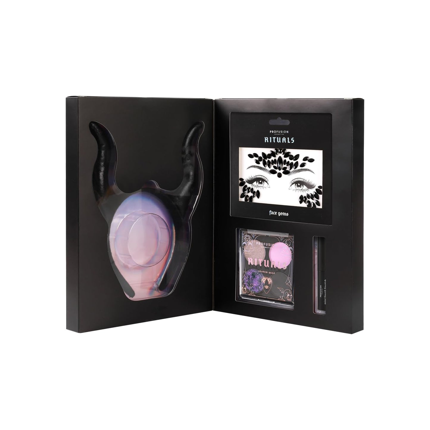 Profusion Cosmetics Rituals 4 PC Look Kit Includes Face Gems, Shadow and Glitter Quad, and Eyeshadow Brush, Along With Somber Matte Black Liquid Lipstick, Magical Beauty for Fairy Witches
