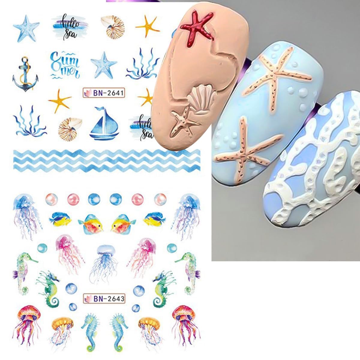 Summer Nail Art Stickers 12 Sheets Seashell Starfish Water Transfer Foils Decals Jellyfish Shells Sea Turtles Seahorses Design Acrylic Ocean Theme Supplies for Women DIY Decor