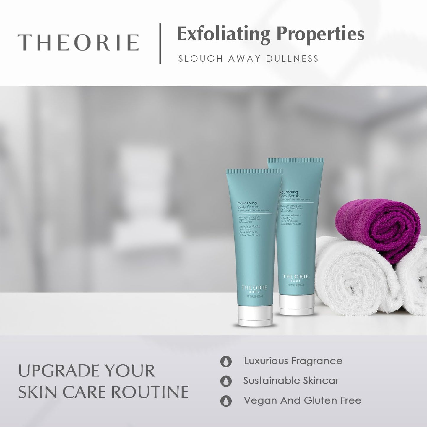 Theorie Nourishing and Exfoliating Body Scrub - Made with Marula, Argan, Coconut Oil, Shea Butter & Vitamin E, Amber Rose Fragrance. Eco-Friendly Pumice, Vegan, Gluten Free, Cruelty Free 200mL Tube