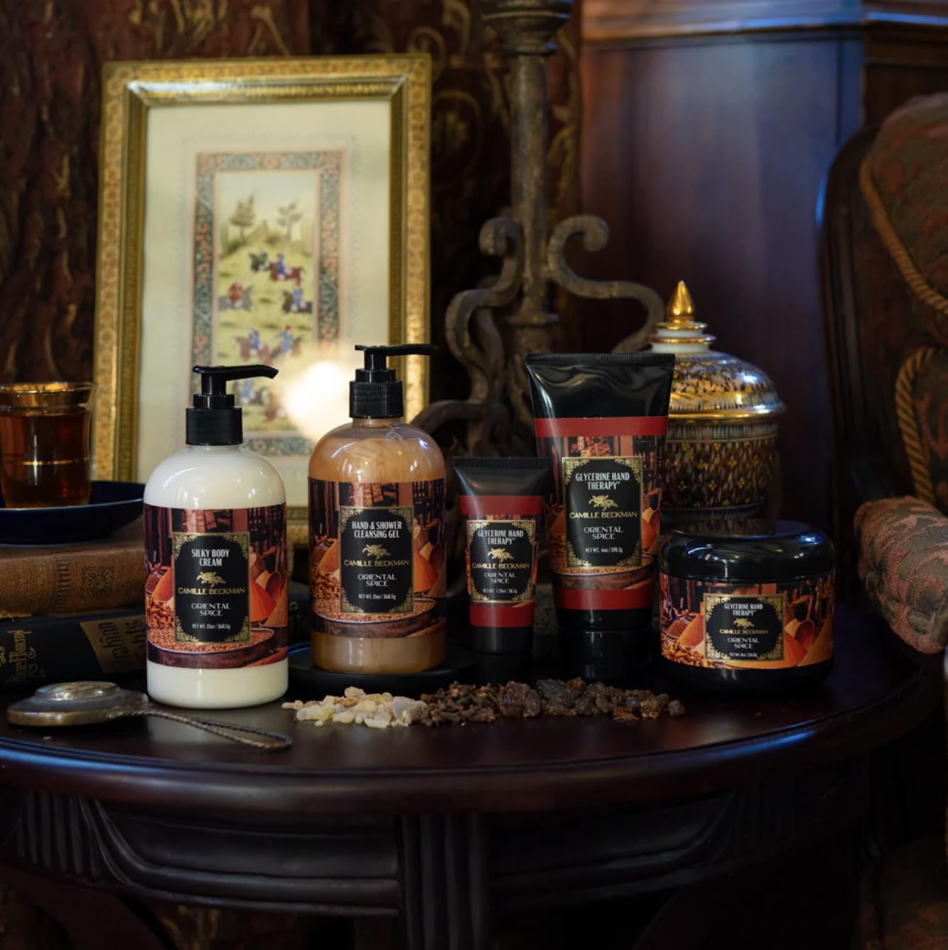 Camille Beckman Oriental Spice Essentials Gift Basket, Glycerine Hand Therapy 6 oz, Silky Body Cream 13 oz, Hand and Shower Cleansing Gel 13 oz, Glycerine Soap 3.5 oz, Bath Body Net, and Gift Basket