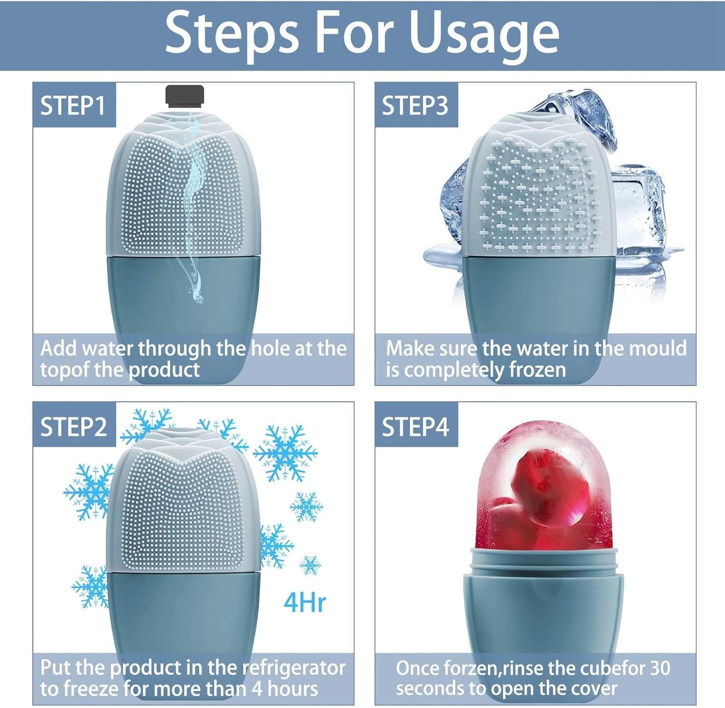 KOGITI Face Ice Roller & Mold - Beauty Facial Massage Tool for Puffiness Relief, Ice Cube Holder (Brush-Blue)