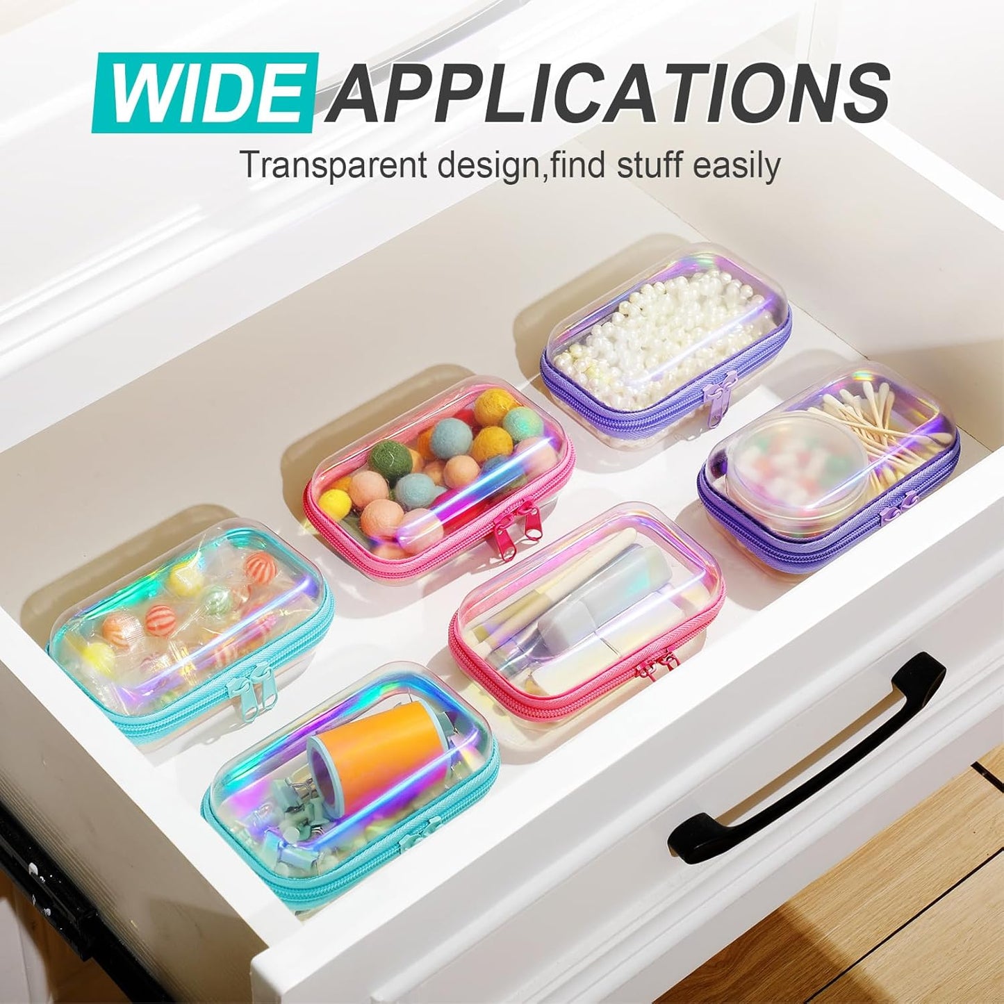 Sanwuta 6 Pcs Clear Hard Zipper Case Pencil Pouches Hard Plastic Zipper Pouches Makeup Bag Transparent Cases for Snacks Plastic Storage Organizer Box for Travel(Holographic,5 x 3 x 2 Inch)