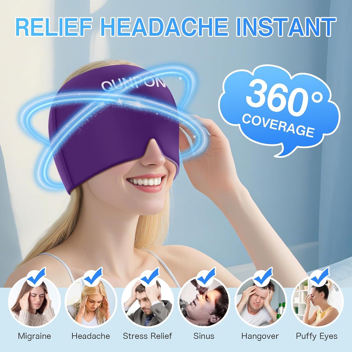 Migraine Relief Cap,Headache Relief Cap Ice Pack Mask, Cold Eye Face Hat Cooling Gel Head Wrap for Tension, Stress,Hangover Gifts for Women mom-Purple