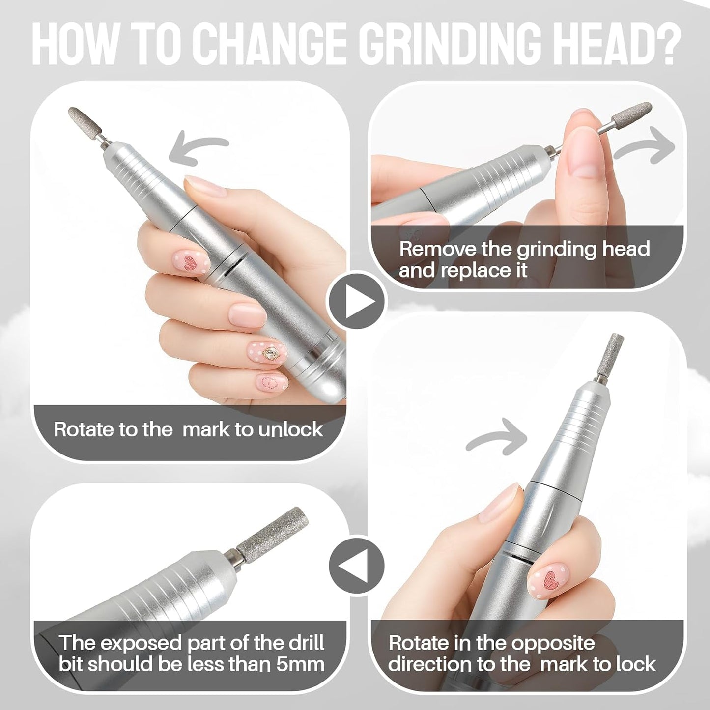 Electric Nail Drill Portable Nail Drill Professional 45000 RPM 6 Salon Quality Drill bits 6 Sanding Bands Portable & Low Noise for Acrylic Nails Gel Polishing Removing Bits Kit for Home Use