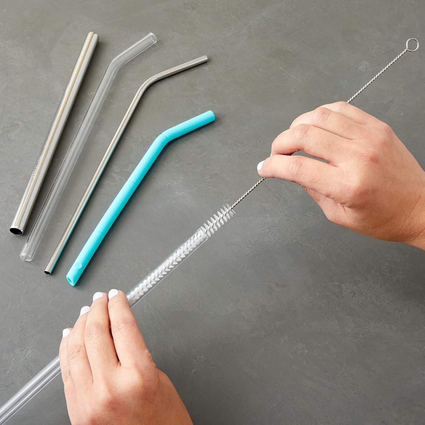 Juvale Straw Cleaner Brush - 12 In, Silver & White, 4-Pack - Stainless Steel Straw Cleaner Brush for Water Bottles & Pipes with Flexible Nylon Tip for Narrow Openings