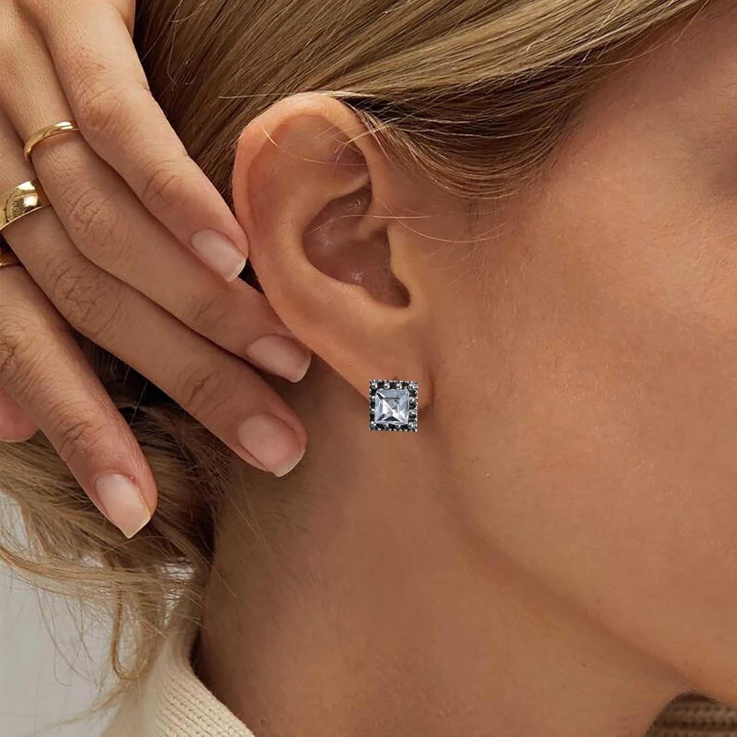 Boho Tiny Crystal Square Earrings Silver Cz Square Earrings Cz Rhinestone Square Stud Earrings Silver Geometric Earrings Jewelry for Women and Girls