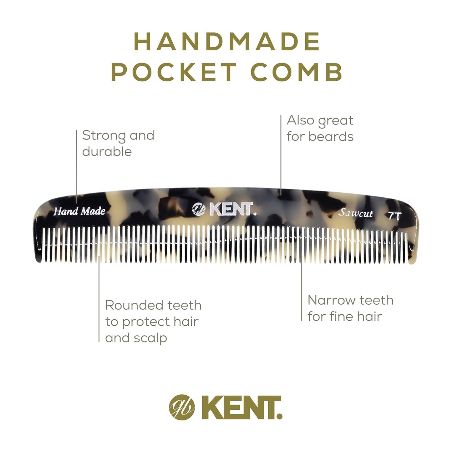 Kent 7T TW All Fine Tooth Pocket Comb for Men - Handmade Hair and Beard Travel Comb for Everyday Grooming and Styling - Saw Cut and Hand Polished for Wet, Dry, Fine or Thinning Hair