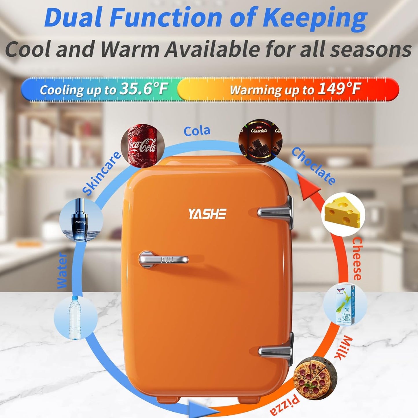 YASHE Mini Fridge, 4 Liter/ 6 Cans Skincare Fridge for Bedroom, 110V AC/ 12V DC Thermoelectric Cooler and Warmer for Drink, Office, Car, Orange
