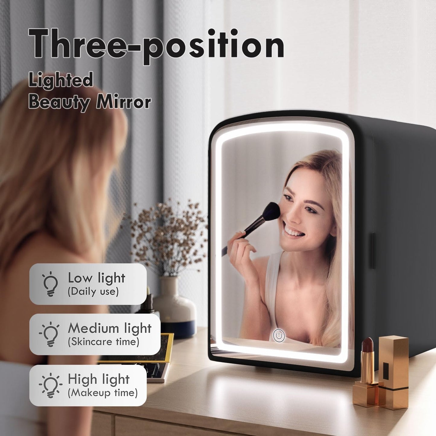 Mini Fridge for Skin Care, 4 Liter Portable Small Fridge with Dimmable LED Mirror, Hot or Cold Personal Beauty Refrigerator for Bedroom, Office, Car, Makeup(BLACK)