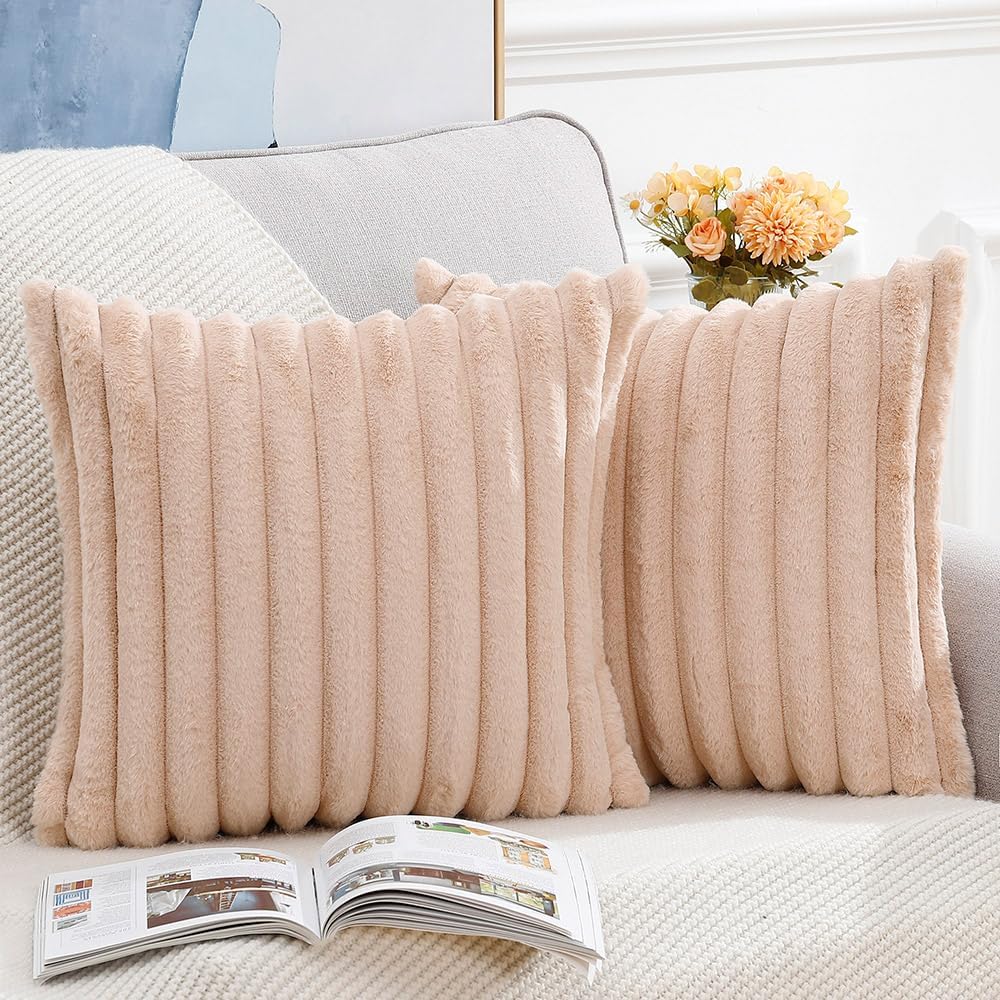 MADIZZ Set of 2 Faux Wool Plush Decorative Throw Pillow Covers 18x18 Inch Light Brown Fluffy Striped Soft Decorative Cushion Cover for Sofa Bedroom Pillow Shell