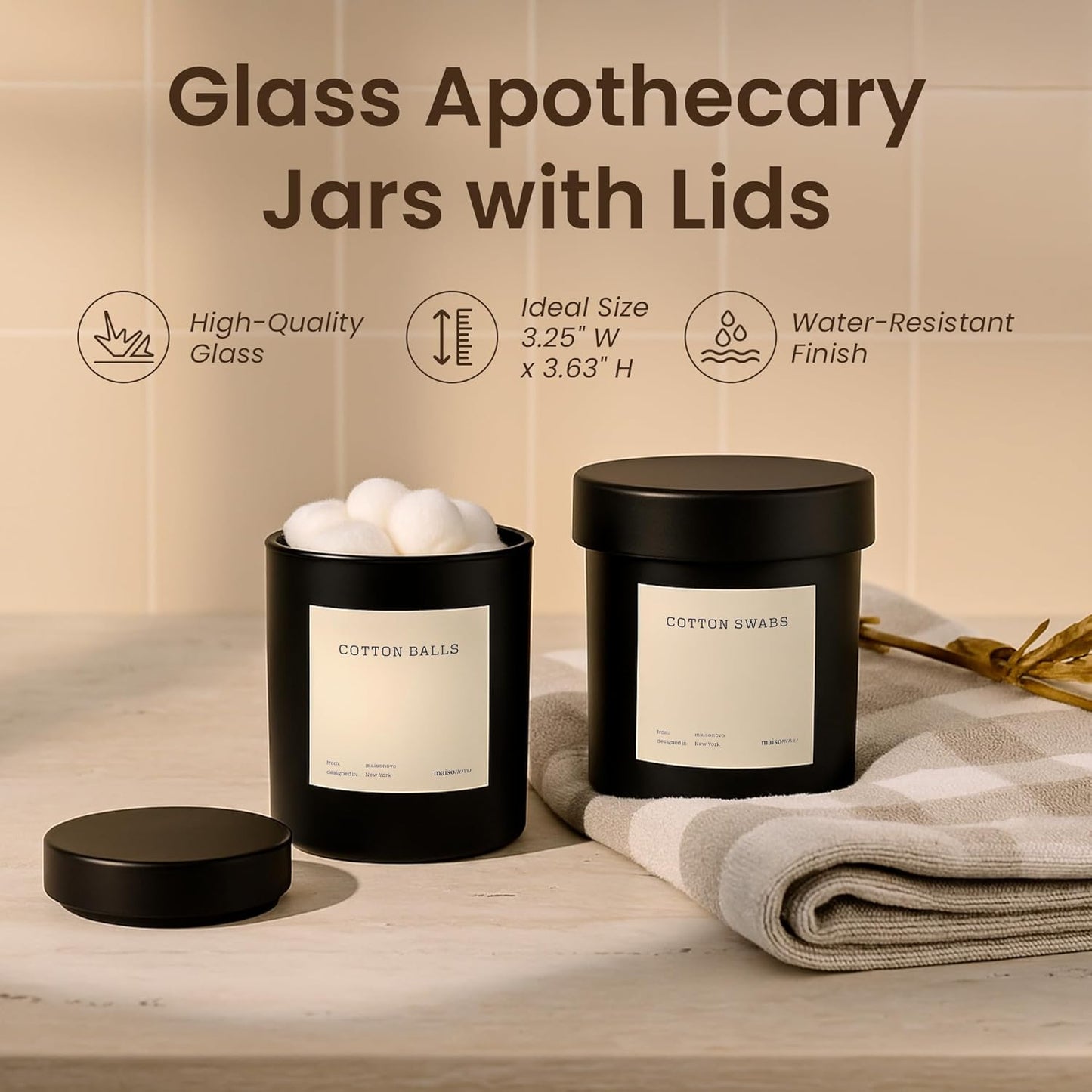 MaisoNovo Qtip Holder Bathroom Set – Airtight Glass Qtip Holder with Lid to Store Q Tips, Cotton Rounds, Cotton Balls, Floss Picks, Hair Ties with free labels pack - 2 Black Jars with Glass Lids