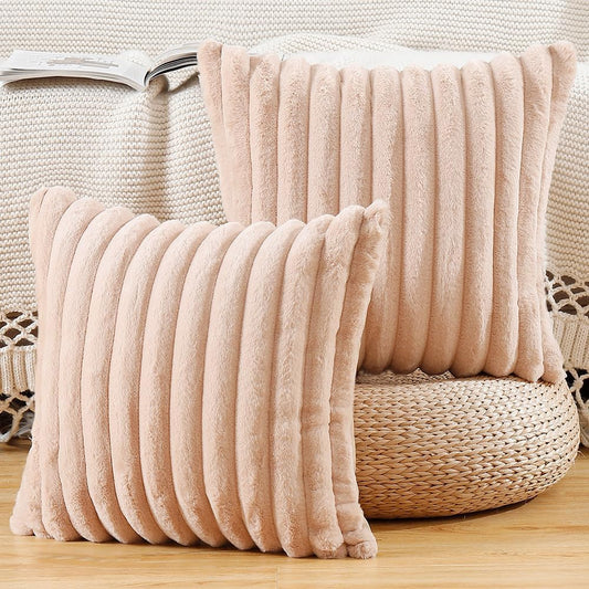 MADIZZ Set of 2 Faux Wool Plush Decorative Throw Pillow Covers 20x20 Inch Light Brown Fluffy Striped Soft Decorative Cushion Cover for Sofa Bedroom Pillow Shell