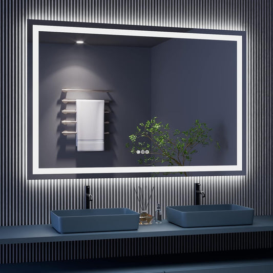 Amorho LED Bathroom Mirror 60'' X40'' with Front and Backlight, Large Dimmable Wall Mirrors with Anti-Fog, Shatter-Proof, Memory, 3 Colors, Double LED Vanity Mirror