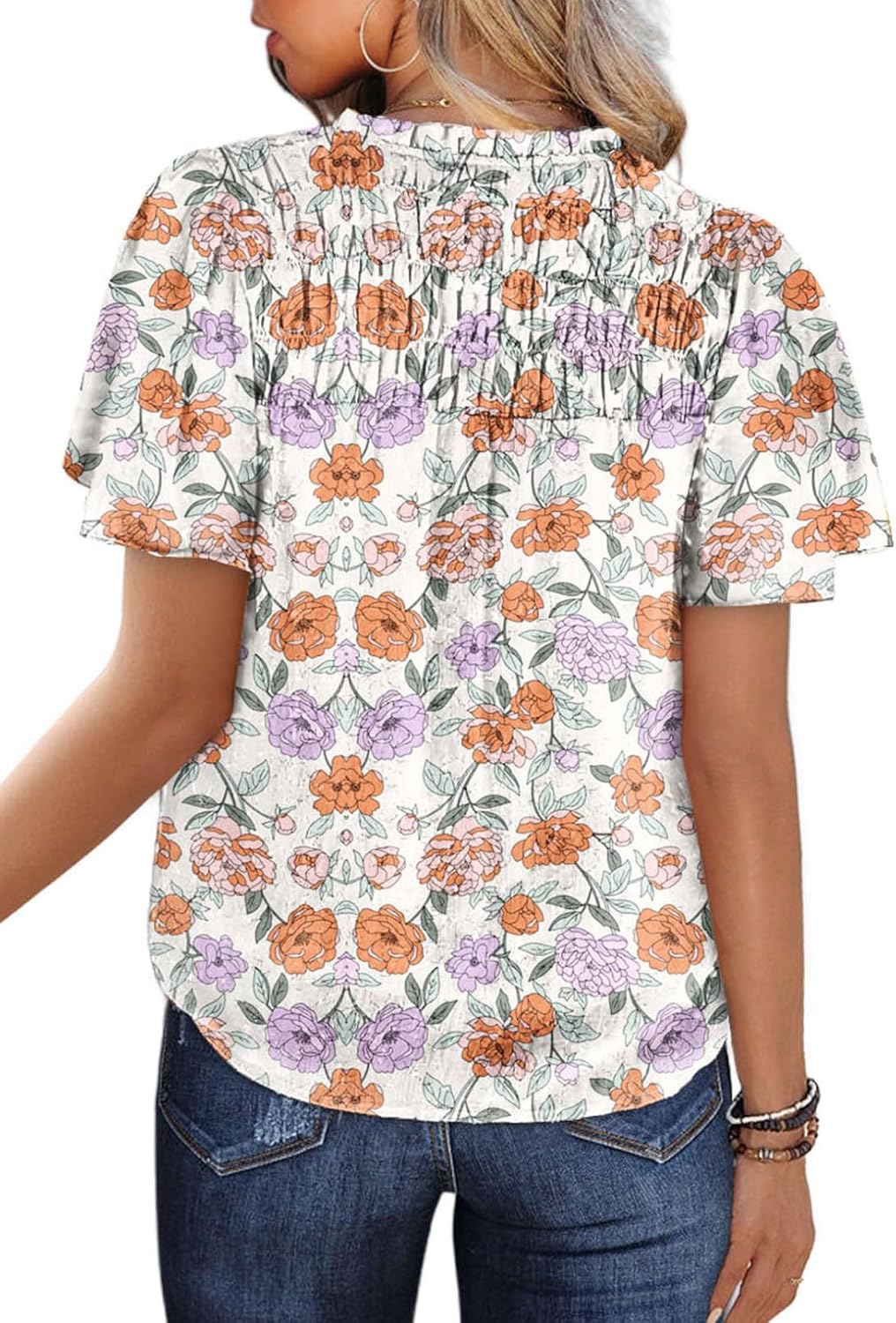 SHEWIN Women's Casual V Neck Floral Print Smocked Short Sleeve Chiffon Blouses Bohemian Top Shirts