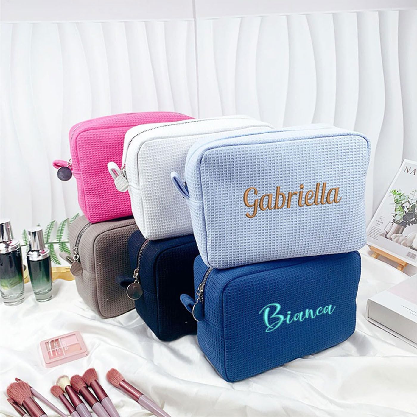 GOPHIE Personalized Embroidered Makeup Bag,Custom Waffle Fabric Cosmetic Pouch for Women, Travel Makeup Pouch (6, White)